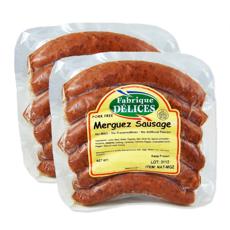 Merguez Sausage -  Spicy Lamb Sausages - 100% Lamb - Pork-Free - 6 Links - (Pack of 2)